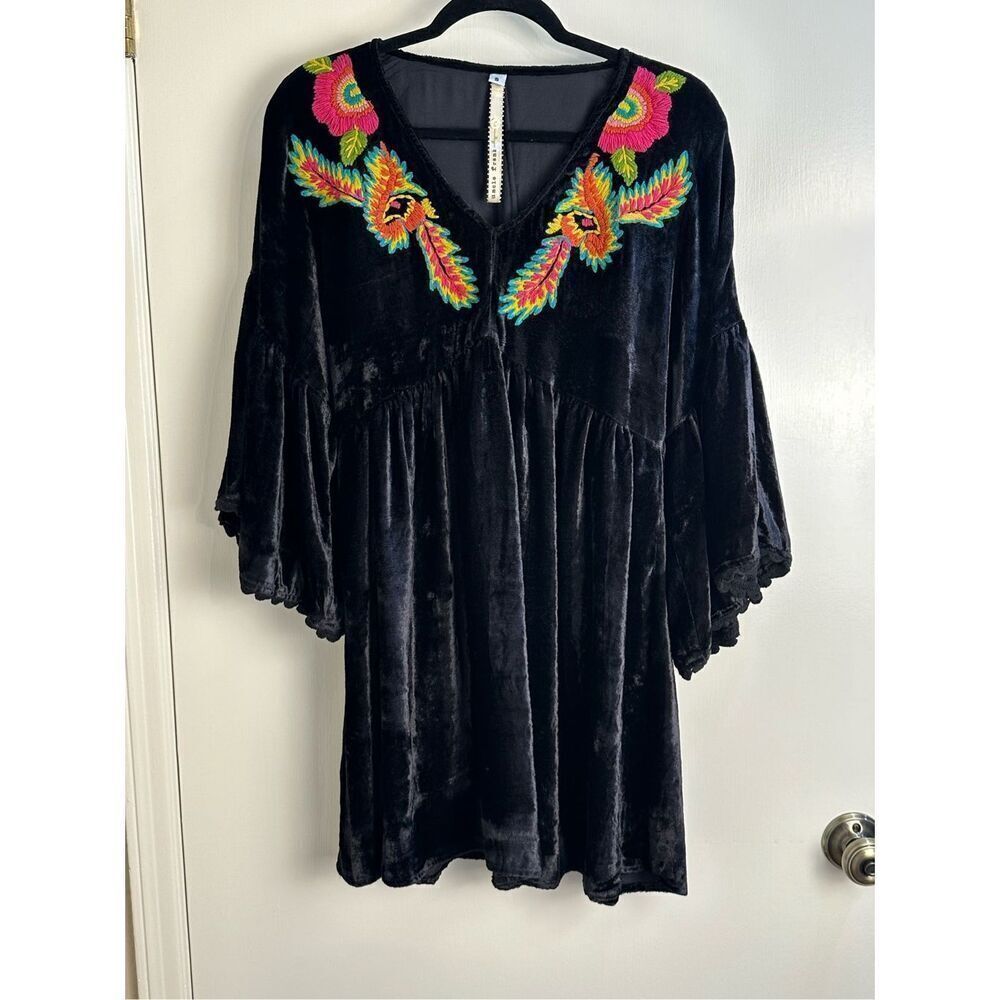 Uncle Frank Anthropologie sz S dress black velvet embroidered